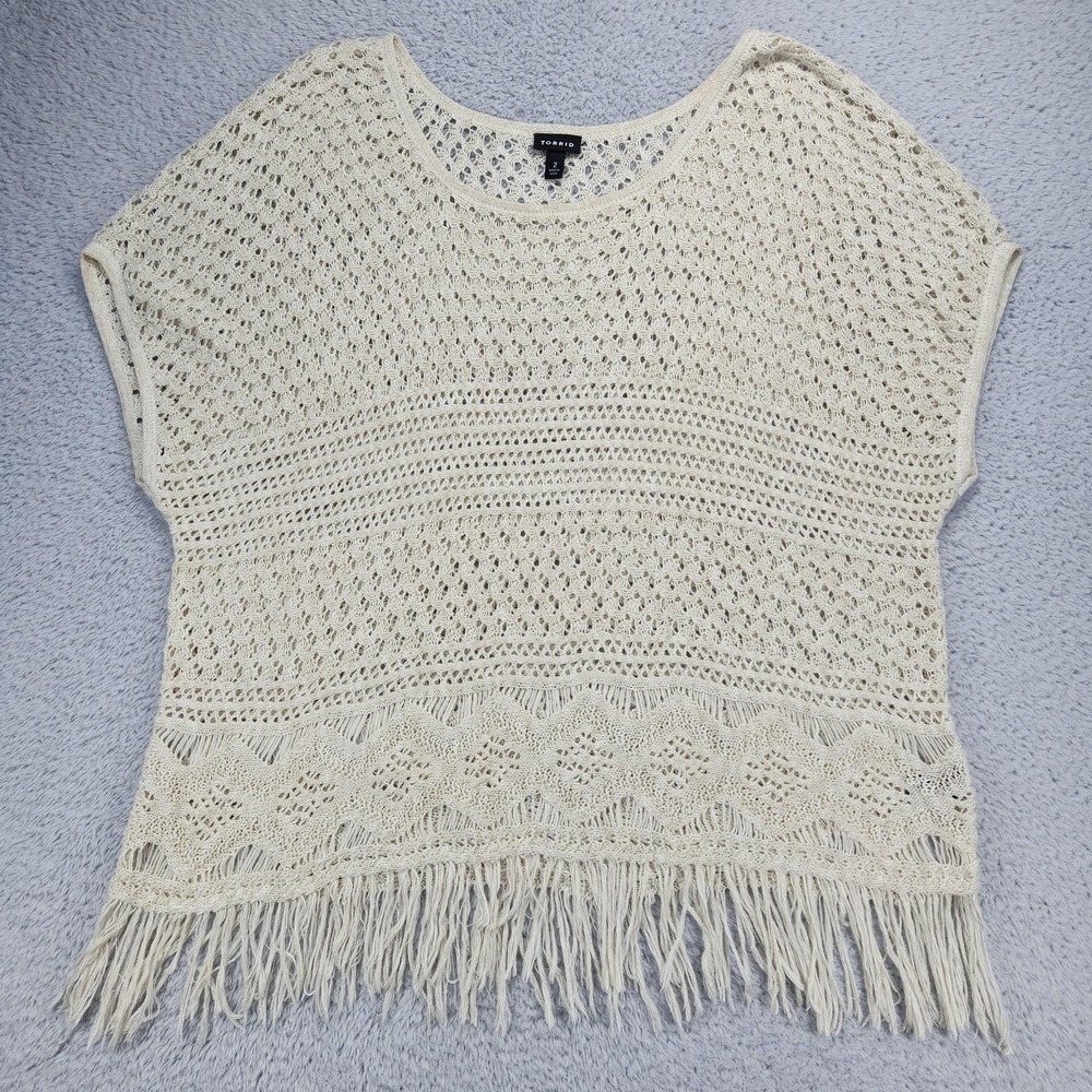Torrid Sweater Womens 2X Cream Crochet Fringe Open Knit Pullover Boho Top Summer
